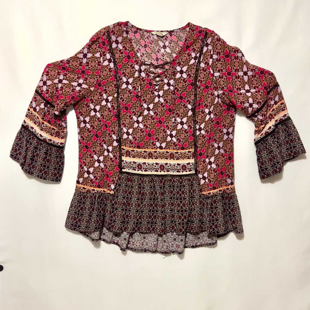 EST. 1946 L Women‎ Boho Style Floral Lace Up Blouse Top Flared Bell 3/4 Sleeves